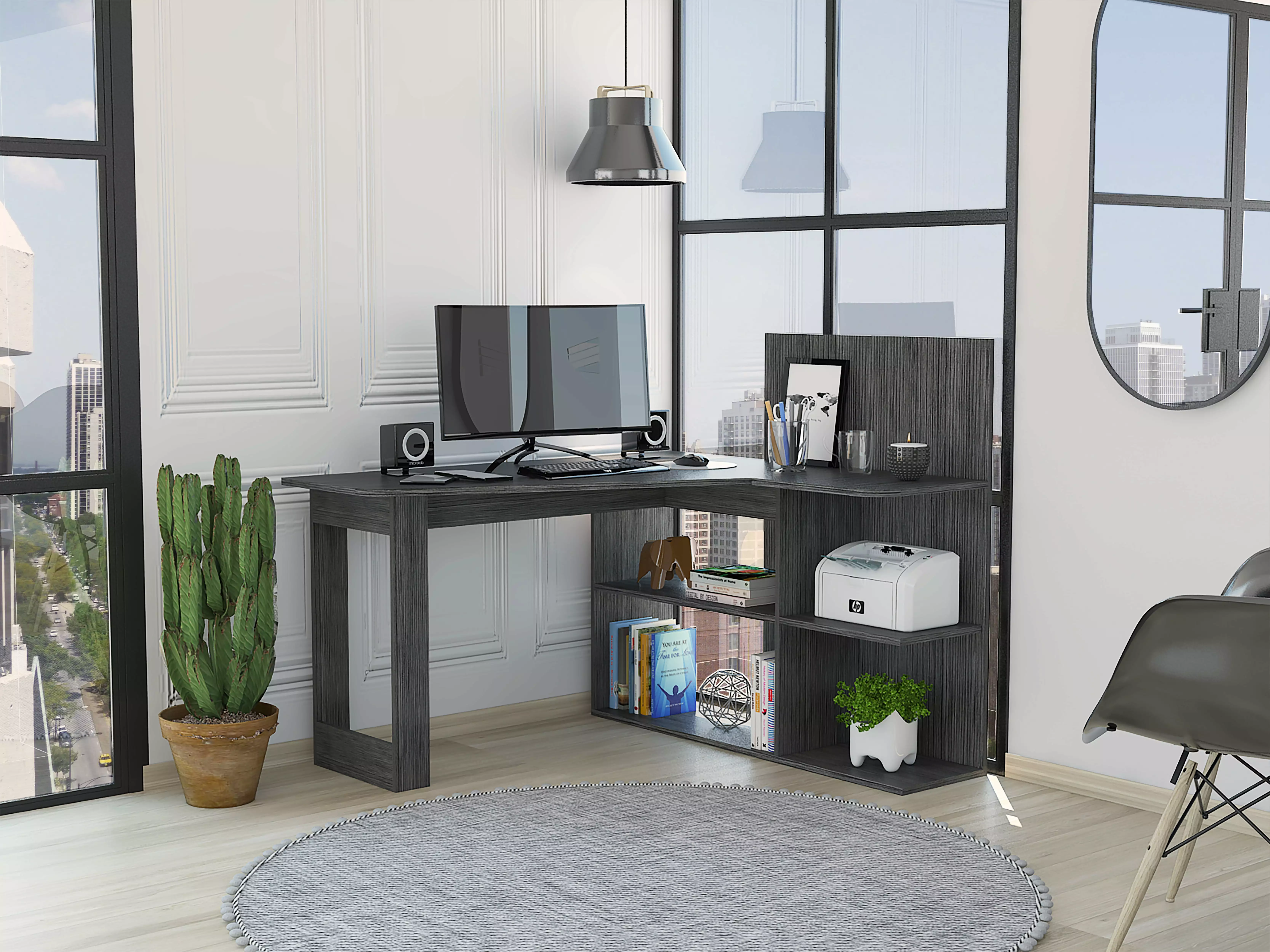 Homiyad 4-Shelf L-Shaped Computer Desk Smokey Oak - Modern Home Office Desk