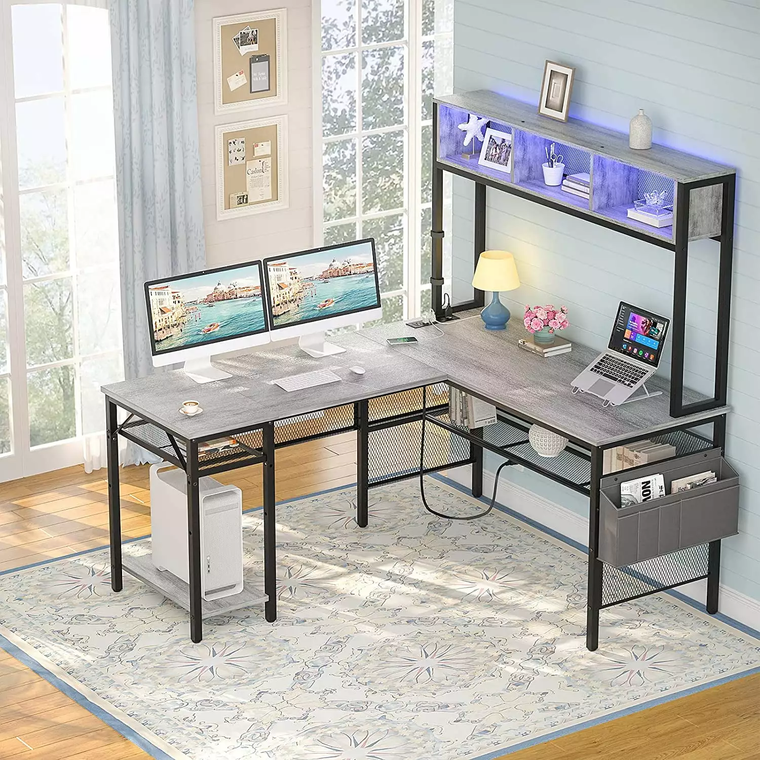 iSunirm L Shaped Computer Desk LED Strip and Power Outlets - White Oak Industrial Home Office Desk USB Port