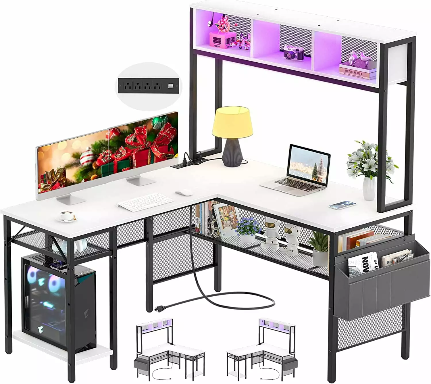 iSunirm L Shaped Computer Desk LED Strip and Power Outlets - Industrial Home Office Desk USB Port and Storage