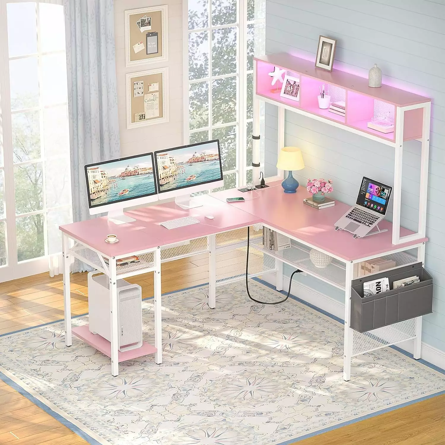 iSunirm L Shaped Computer Desk LED Strip and Power Outlets Reversible Corner Desk Storage Shelves