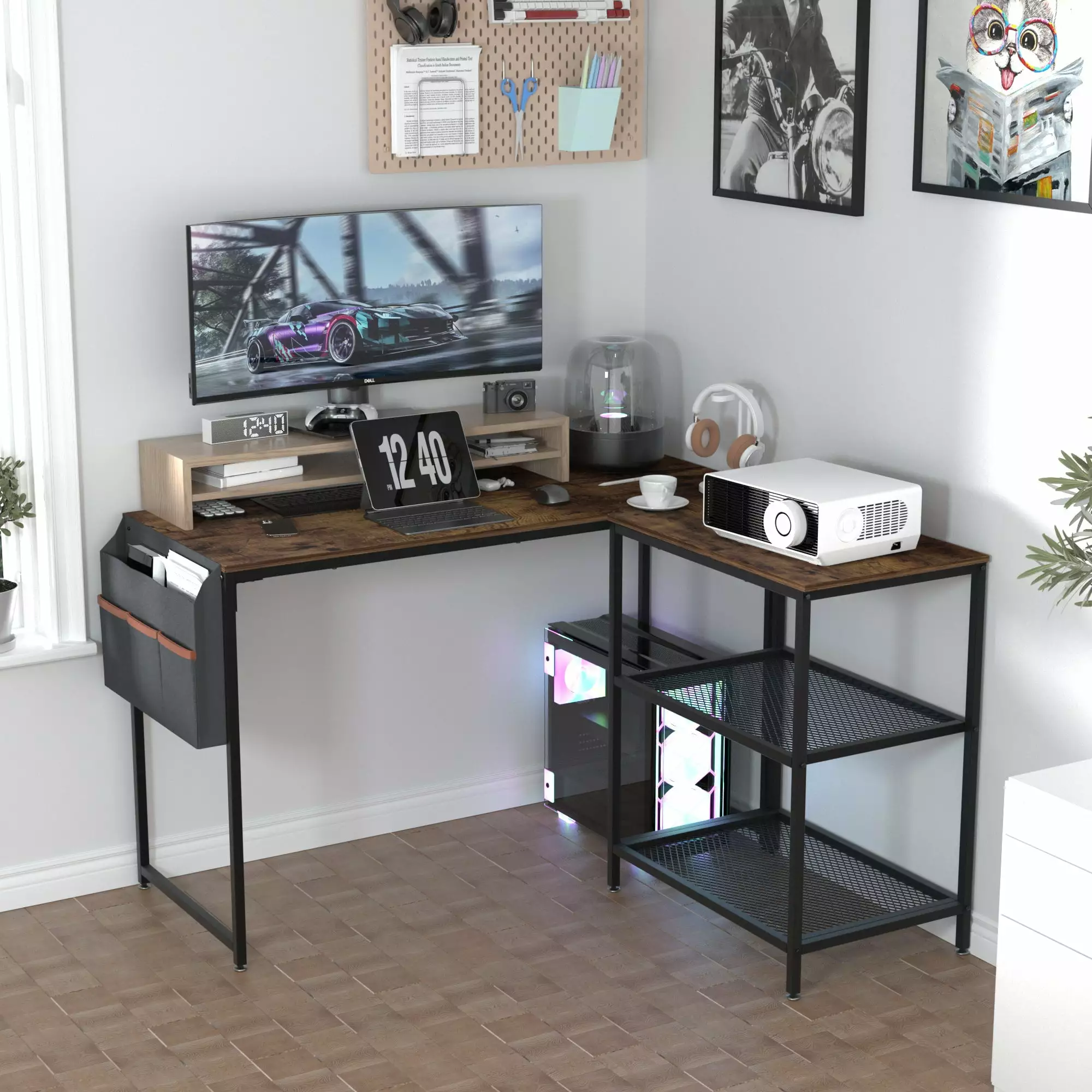 VECELO L Shaped Computer Desk 47 Inch Corner Desk Storage Bag and Shelf Home Office Gaming Study Writing Brown Javlergo