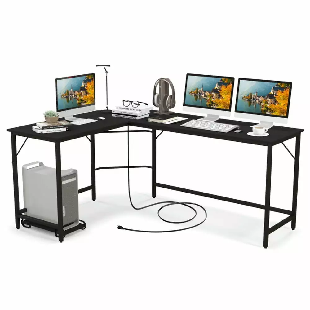 Kadyn L-Shaped Corner Computer Desk CPU Stand Power Outlets and USB Ports Black