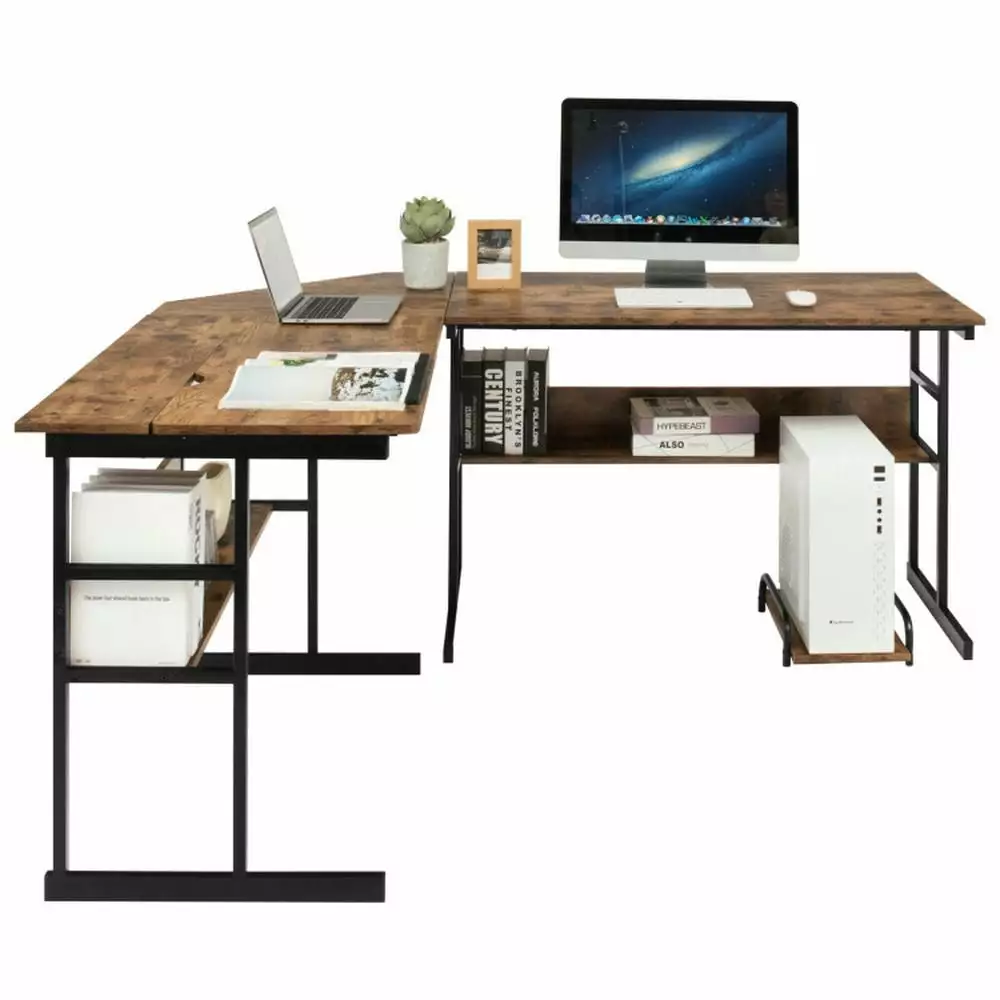 Kadyn L-Shaped Corner Computer Desk Tiltable Tabletop Rustic Brown Home Office Desk