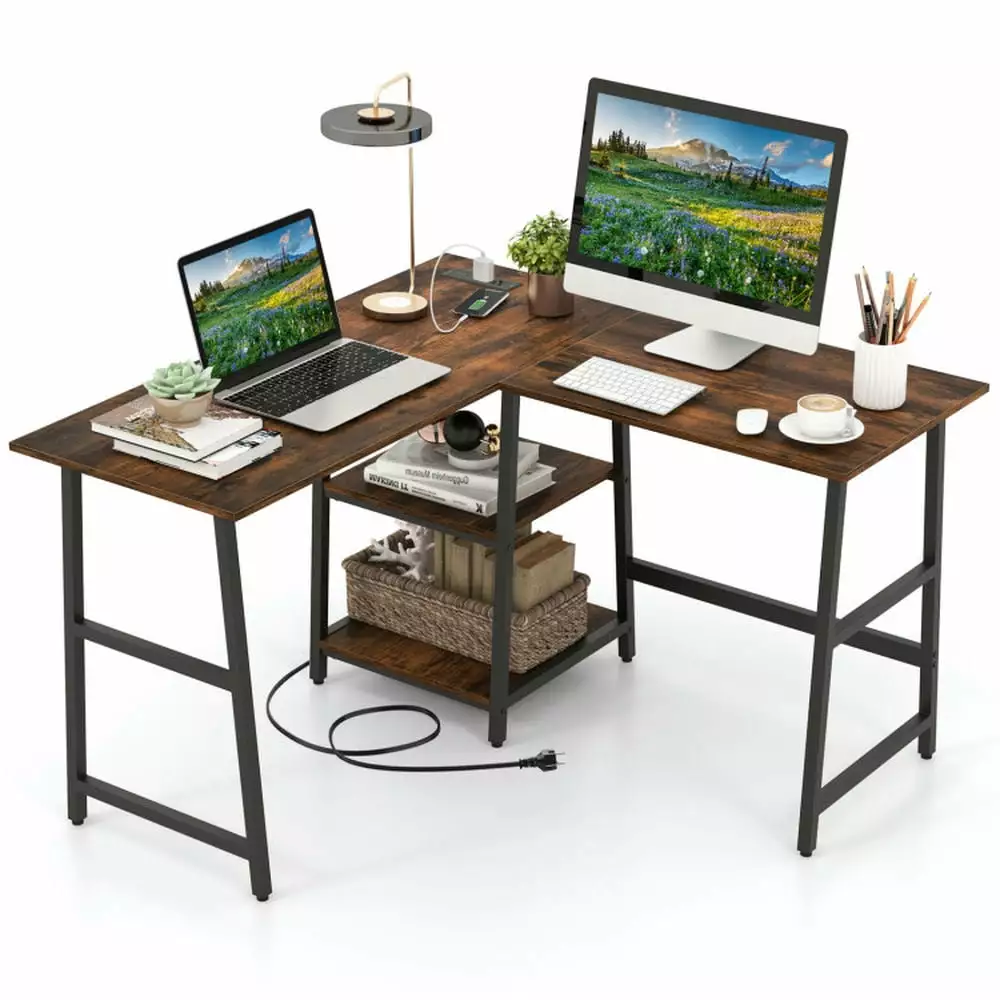 Kadyn L-Shaped Desk Corner Computer Desk Storage Shelves Home Office Desk Brown