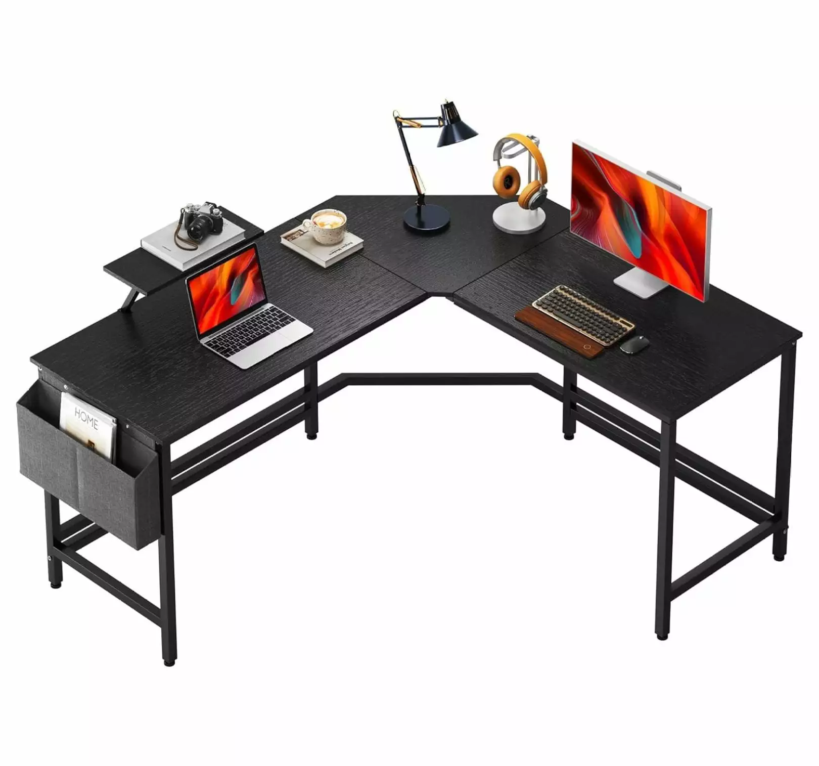 Killeryuki 59 Inch L-Shaped Desk Side Storage Bag and Monitor Stand Black Gaming Computer Desk