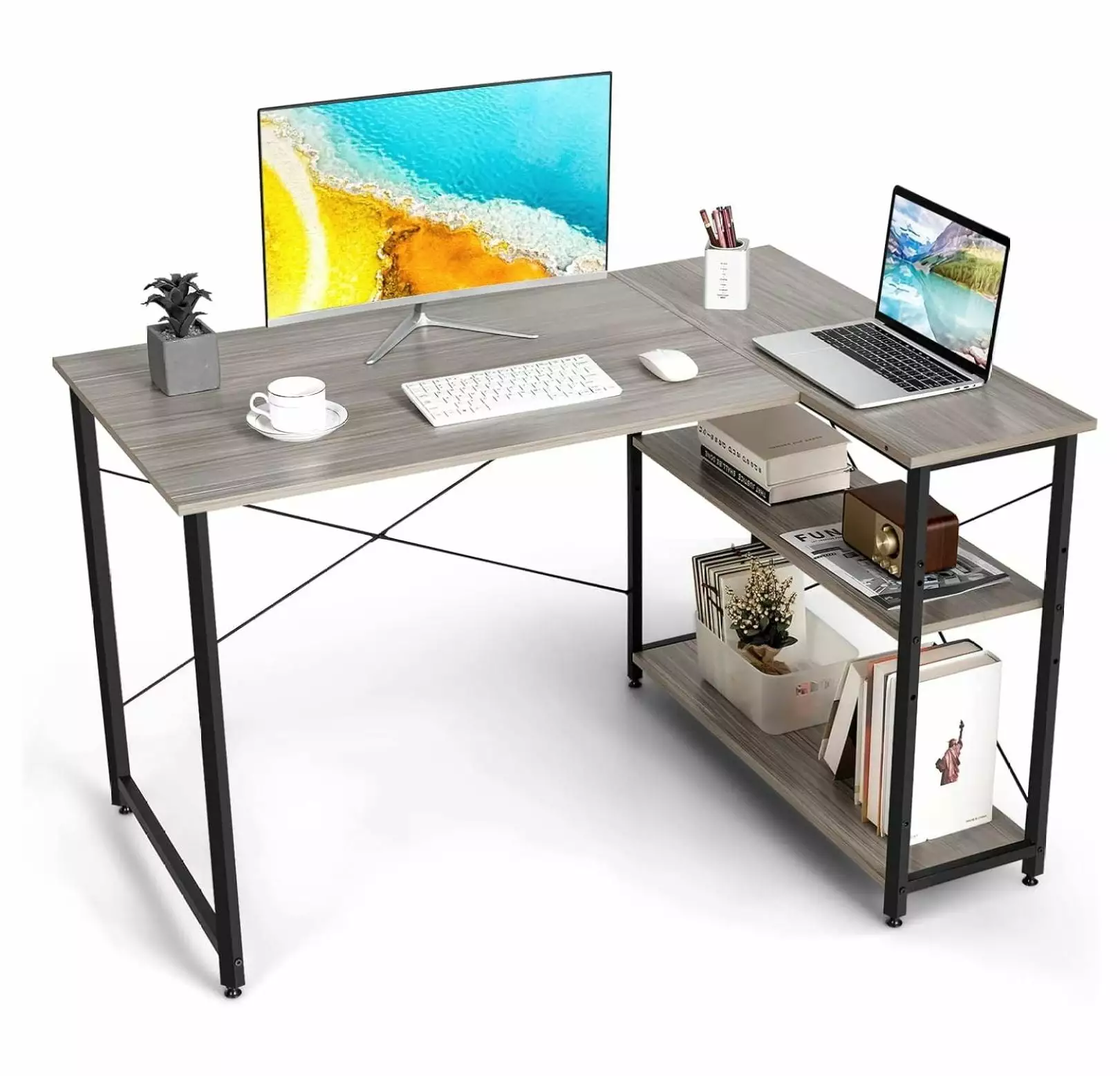 Killeryuki L-Shaped Computer Desk Reversible Shelves Corner Desk Home Office Workstation Gray