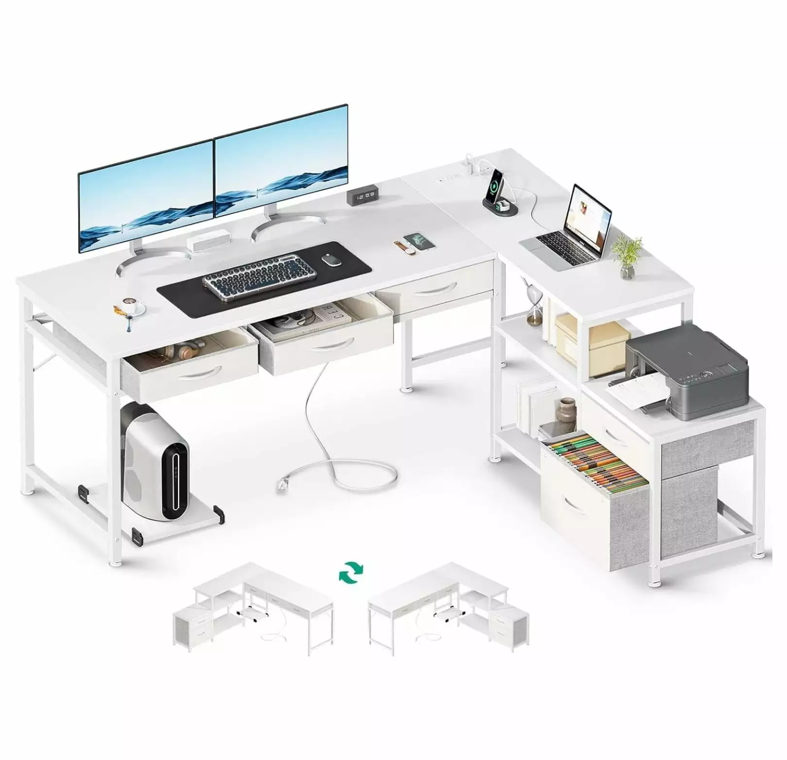 Killeryuki White L Shaped Computer Desk Fabric Drawers and Power Outlets