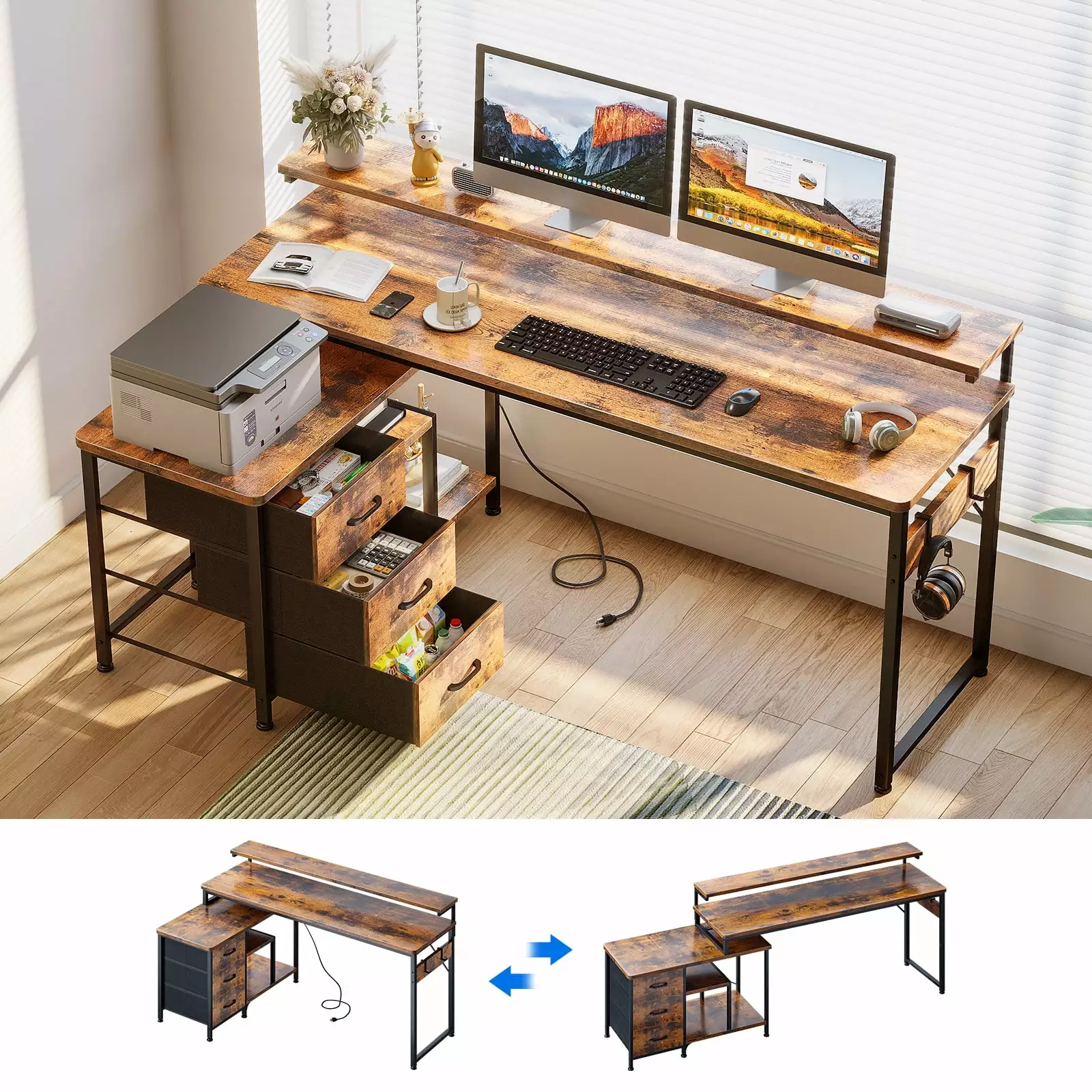 55 Inch L Shaped Computer Desk Drawers Power Outlets Reversible Corner Desk Rustic Brown KKL