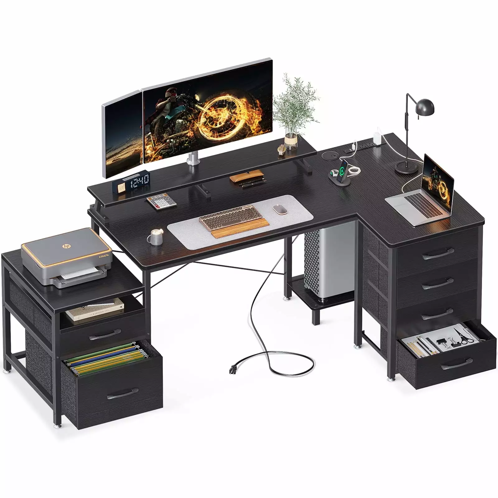 L Shaped Desk 6 Drawers and Power Outlet 55 Inch Black Home Office Computer Desk Monitor Shelf KKL