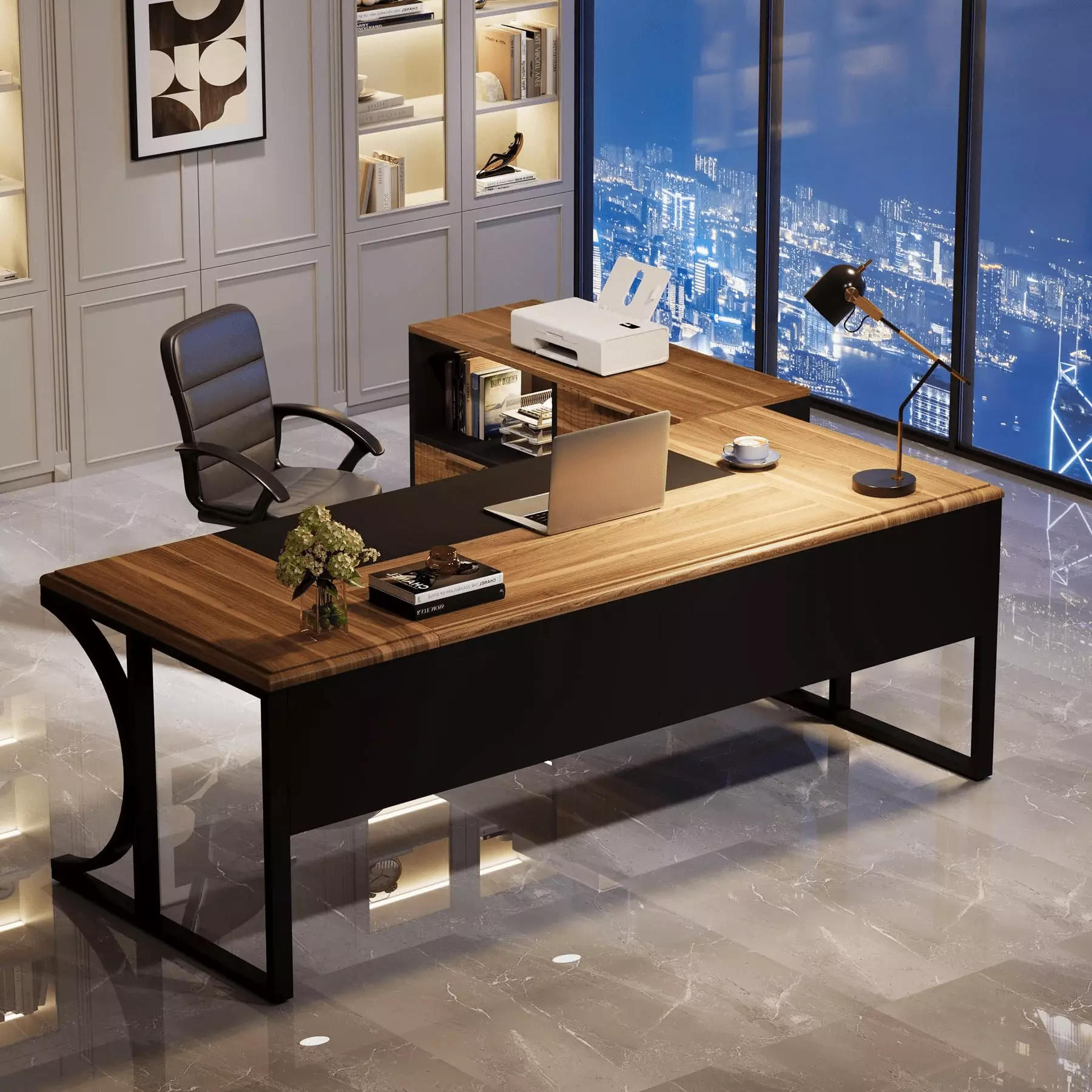 L-Shaped Executive Desk - 63-Inch Computer Writing Table File Cabinet L-Shaped Executive Desk, 63" Computer Desk Writing T...