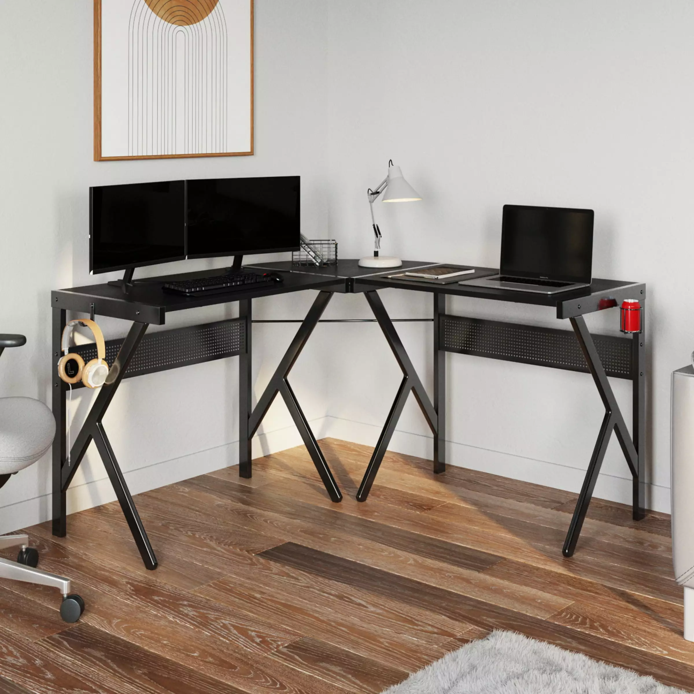 Lavish Home Black L Shaped Computer Desk Headphone and Cup Holder Modern Style