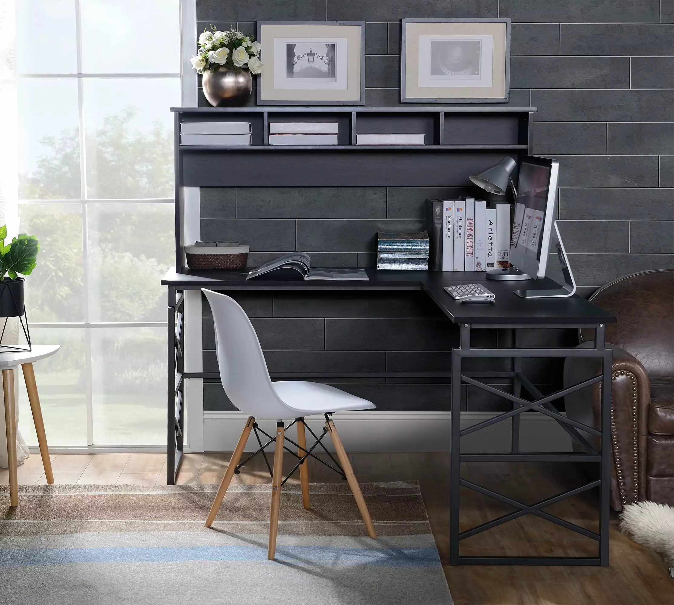 Dark Brown Finish Wood L Desk Metal Base Legacy Home Collection