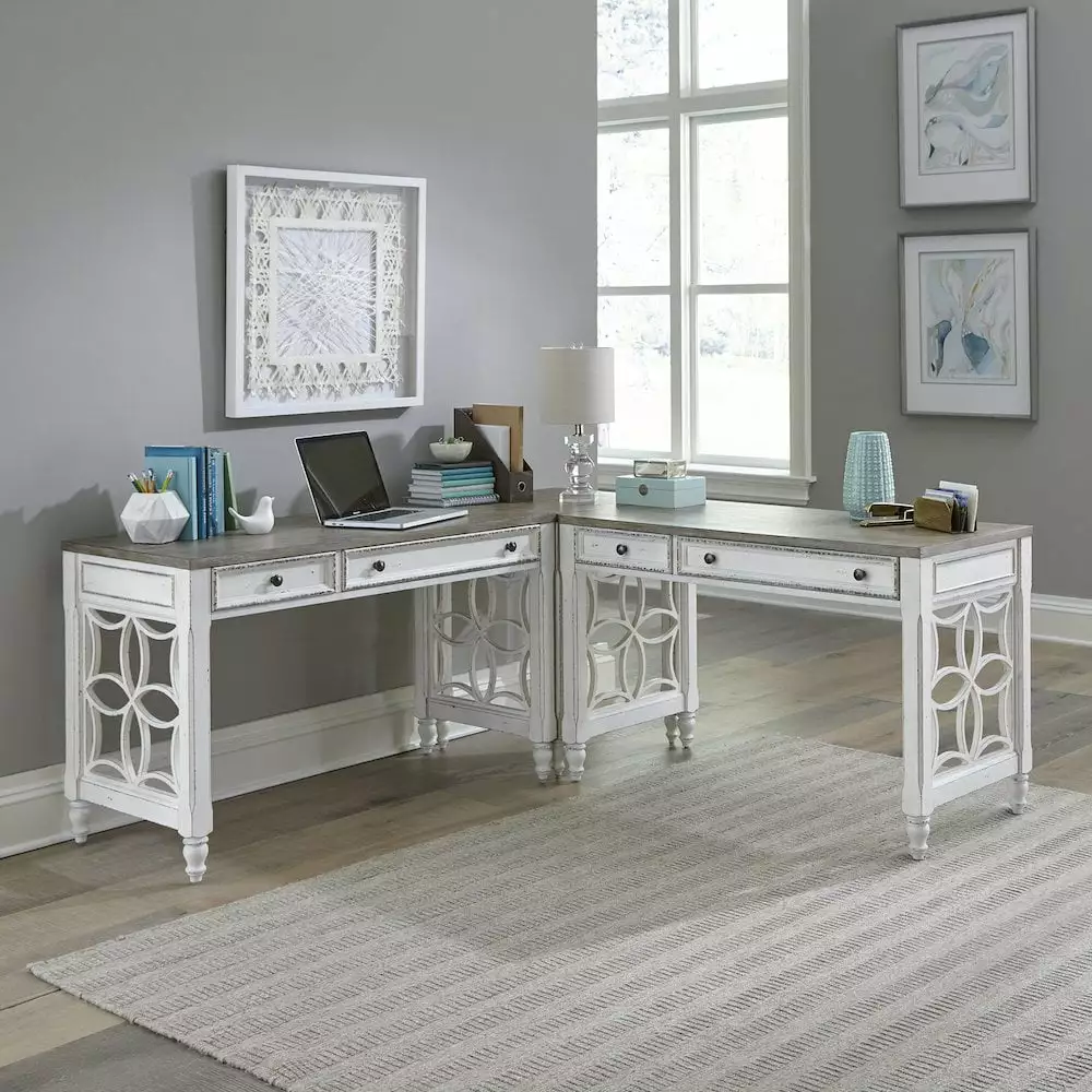 Liberty Furniture Magnolia Manor Antique White Weathered Bark L Shaped Desk Set