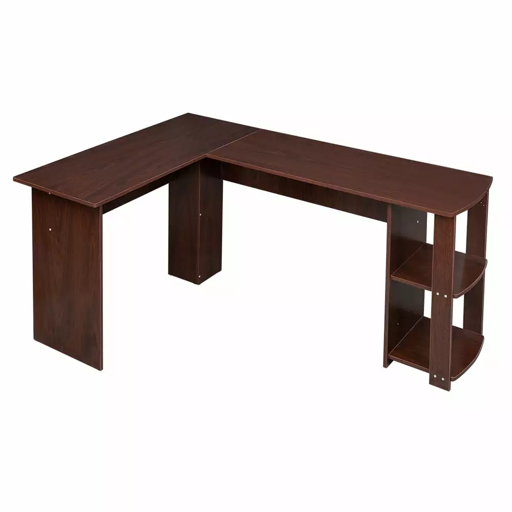 Lomubue L-Shaped Wood Right-angle Computer Desk Two-layer Bookshelves