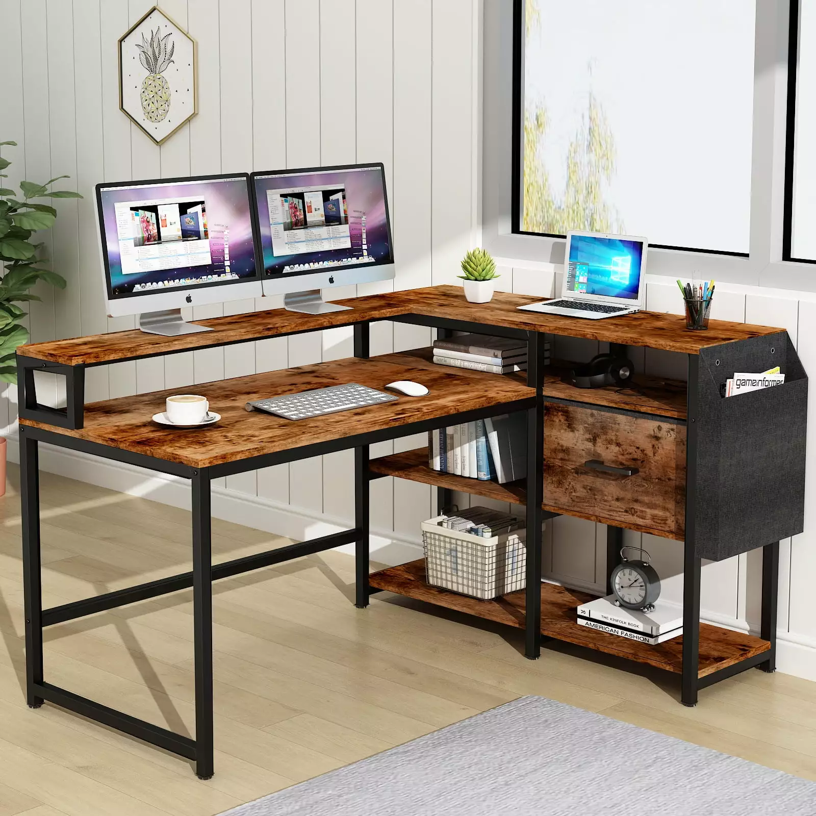 Loomie L Shaped Desk Drawer 55 W x 41 D Industrial Corner Computer Desk 4 Tier Storage Shelves Rustic
