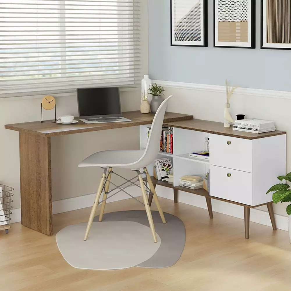 Madesa Modern L Shaped Desk 59 Inch 2 Drawers and 4 Storage Shelves Home Office Corner Study Table