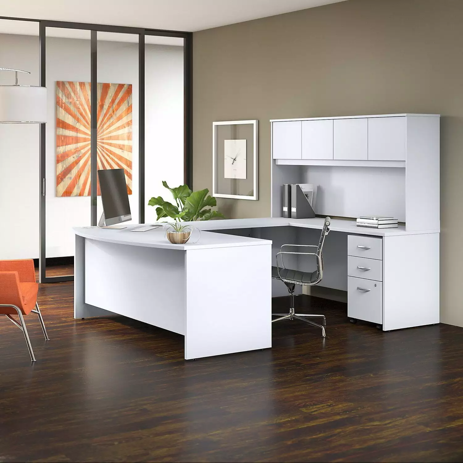 Maykoosh Classic Charm Furniture 72W X 36D U Shaped Desk Hutch And Mobile File Cabinet White