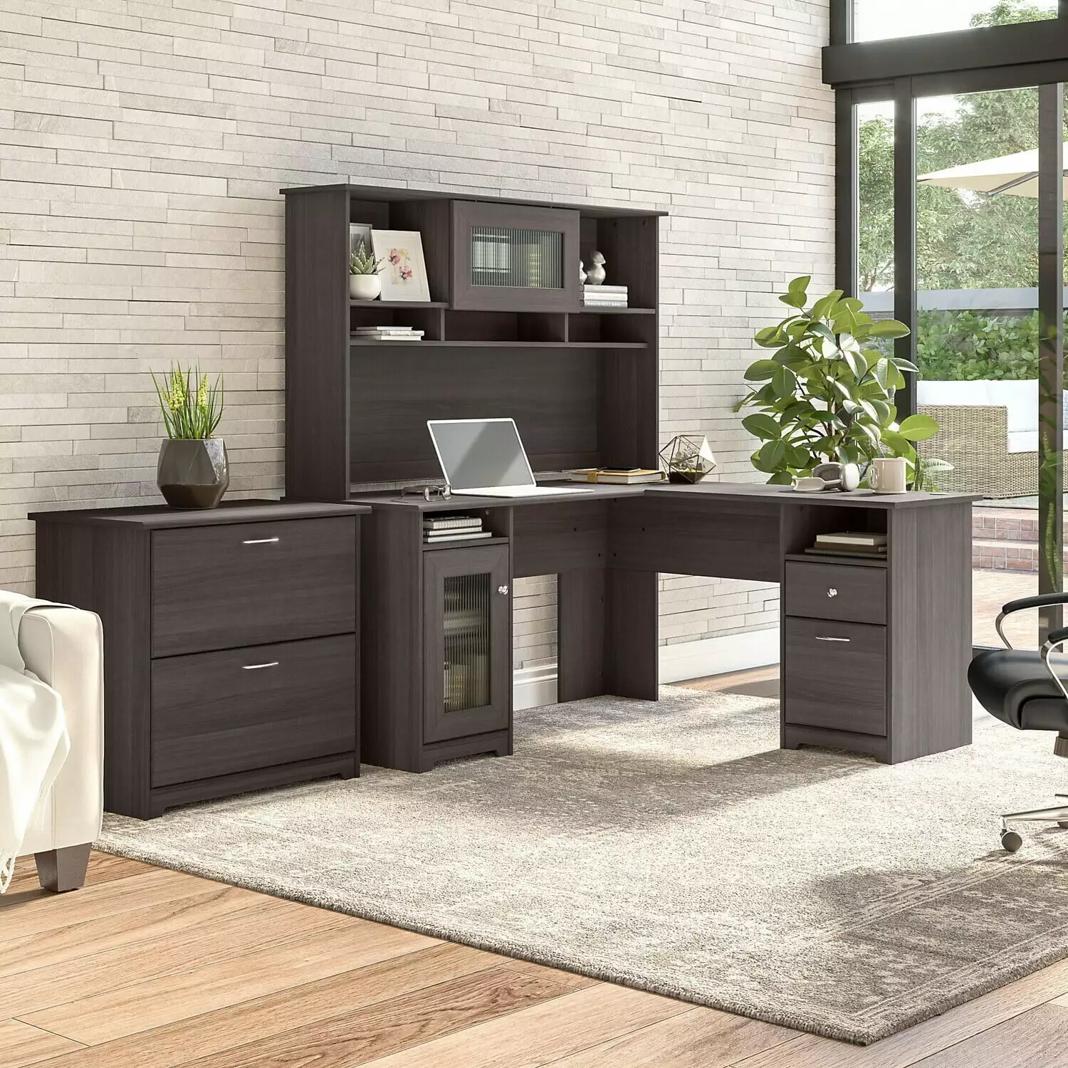 Maykoosh Coastal Craftsman Chic 60W L Shaped Computer Desk Hutch and Lateral File Cabinet