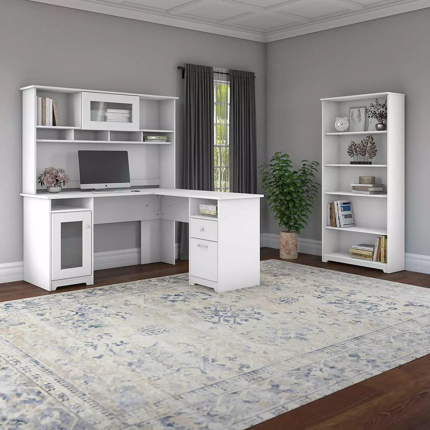 Maykoosh Eclectic Escape 60W L Shaped Computer Desk Hutch and 5 Shelf Bookcase White