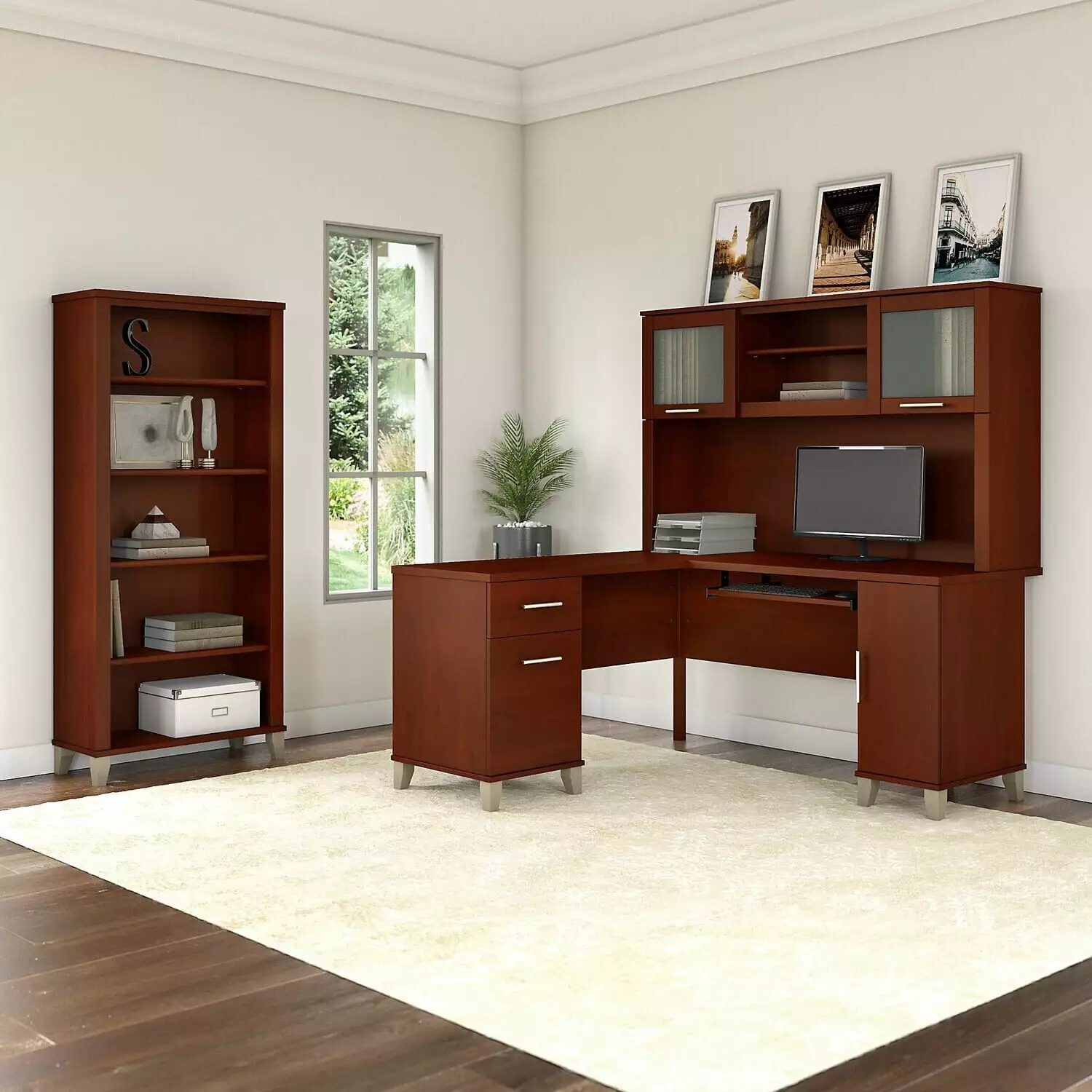 Maykoosh Hollywood Regency 60W L Shaped Desk Hutch and Lateral File Cabinet Storm Gray