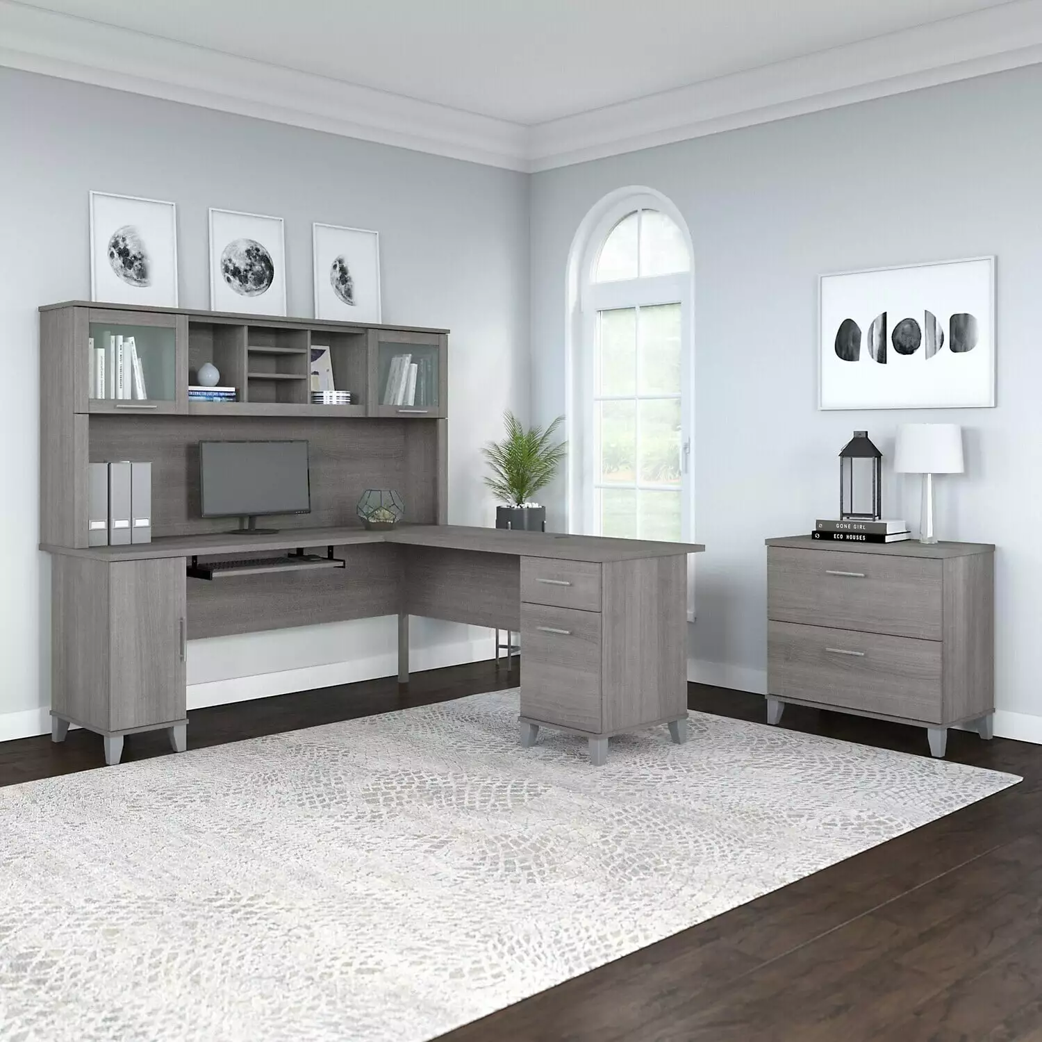Maykoosh Modern Minimalism 72W L Shaped Desk Hutch and Lateral File Cabinet