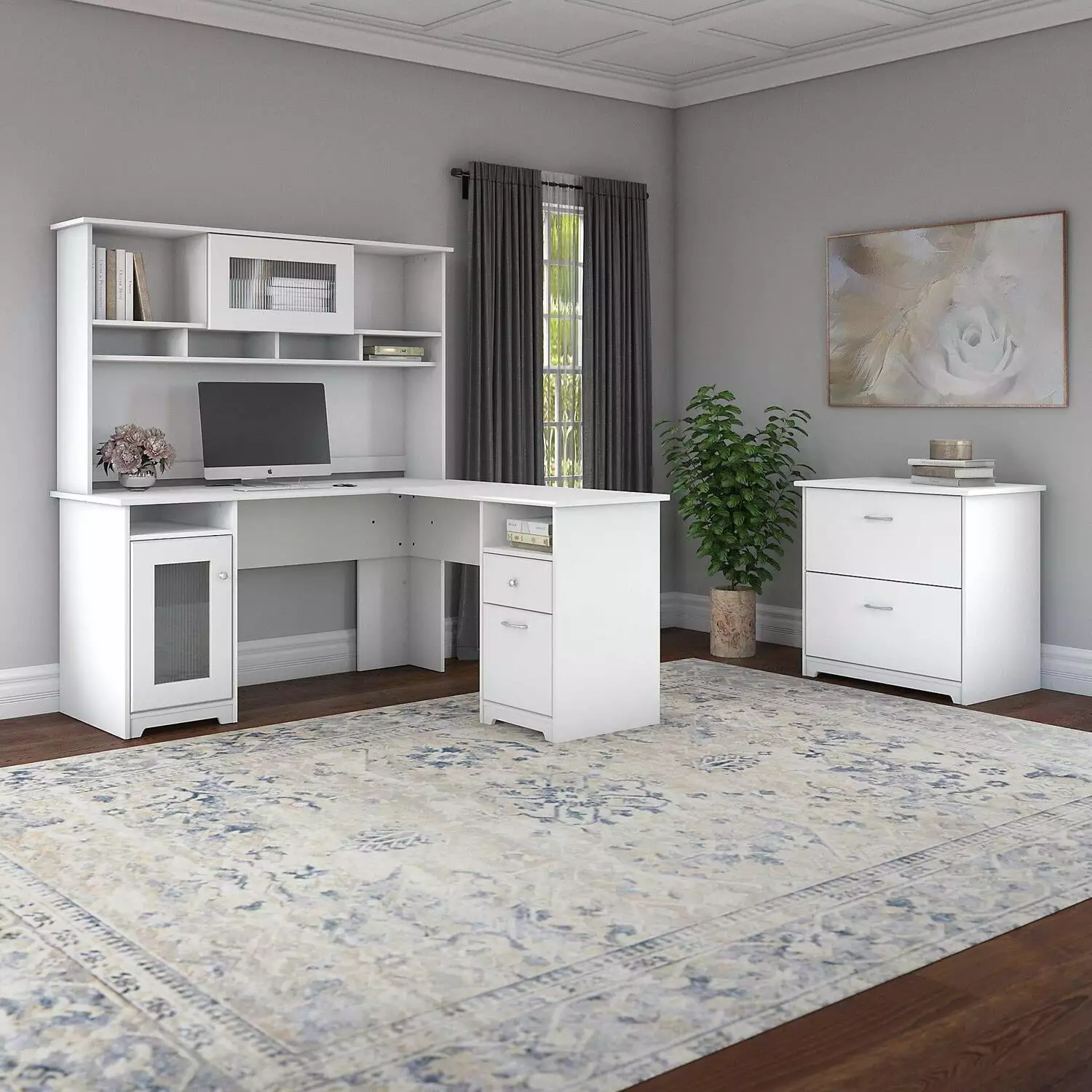 Maykoosh Naturally Nice 60W L Shaped Computer Desk Hutch and Lateral File Cabinet White