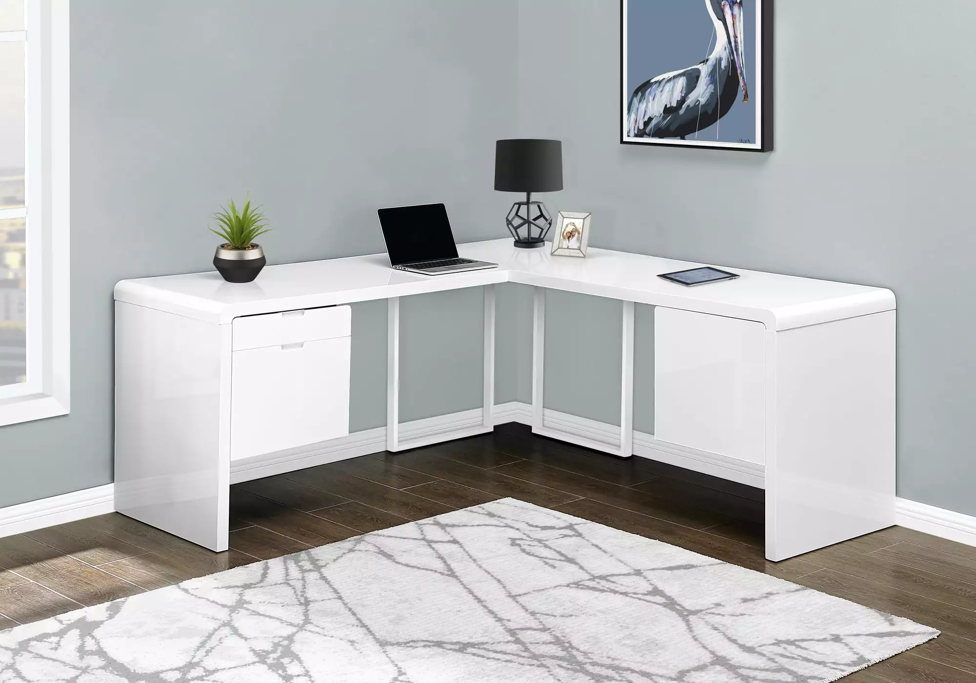 Monarch Specialties Computer Desk Corner 72L L Shape Work Laptop Desk Glossy White Laminate - Spacious and Modern
