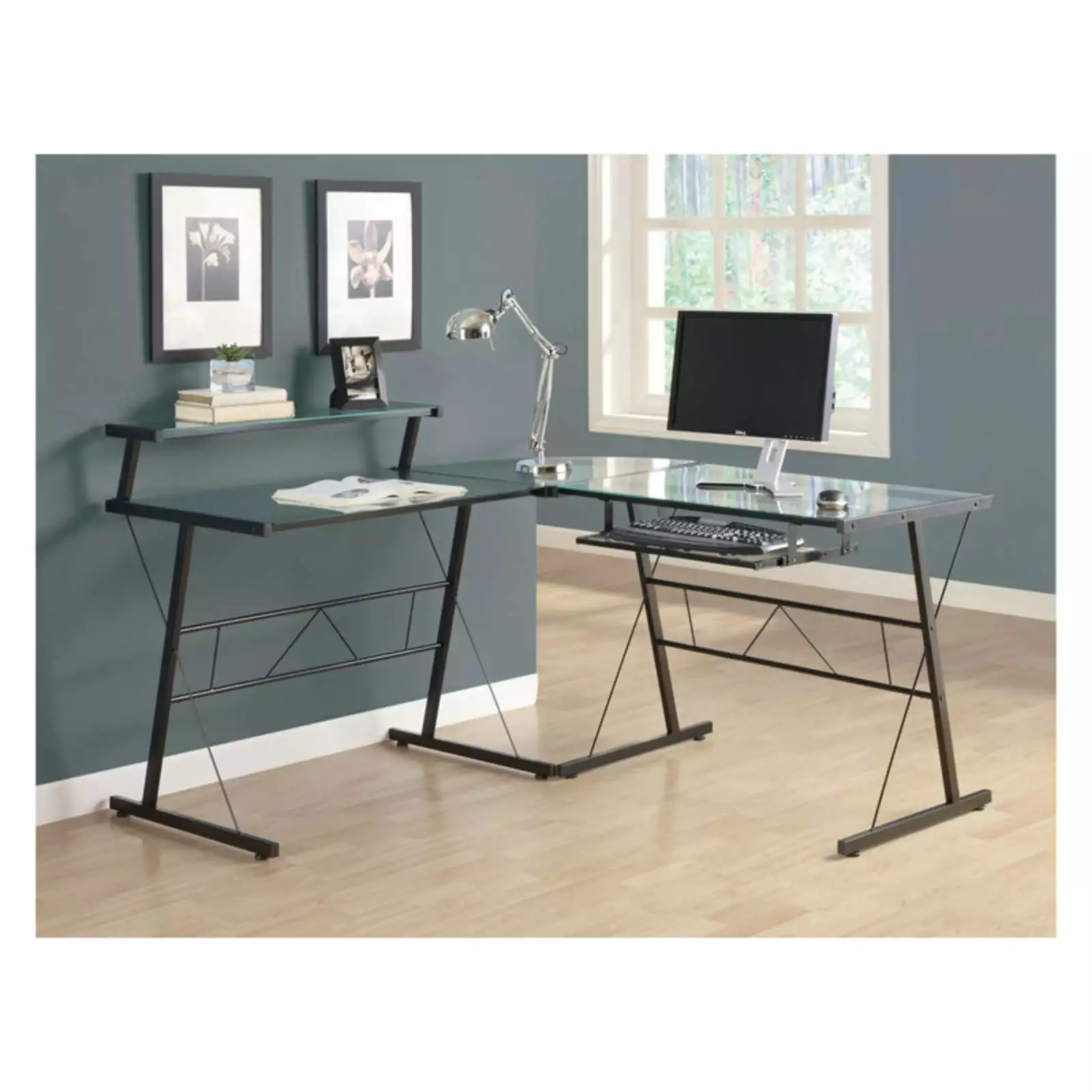 Monarch Specialties Computer Desk L Shape Corner Work Laptop Black Glass