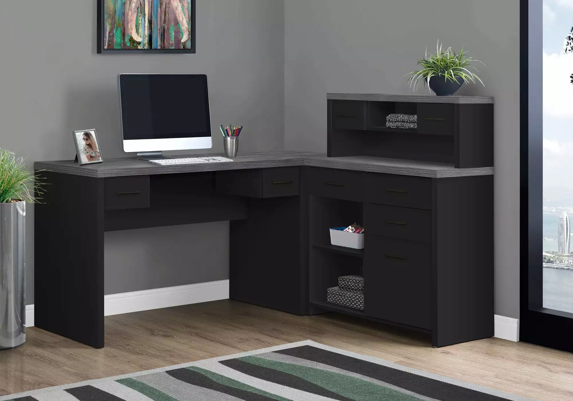 Monarch Specialties L Shape Computer Desk Corner Work Laptop Desk Black and Grey Laminate