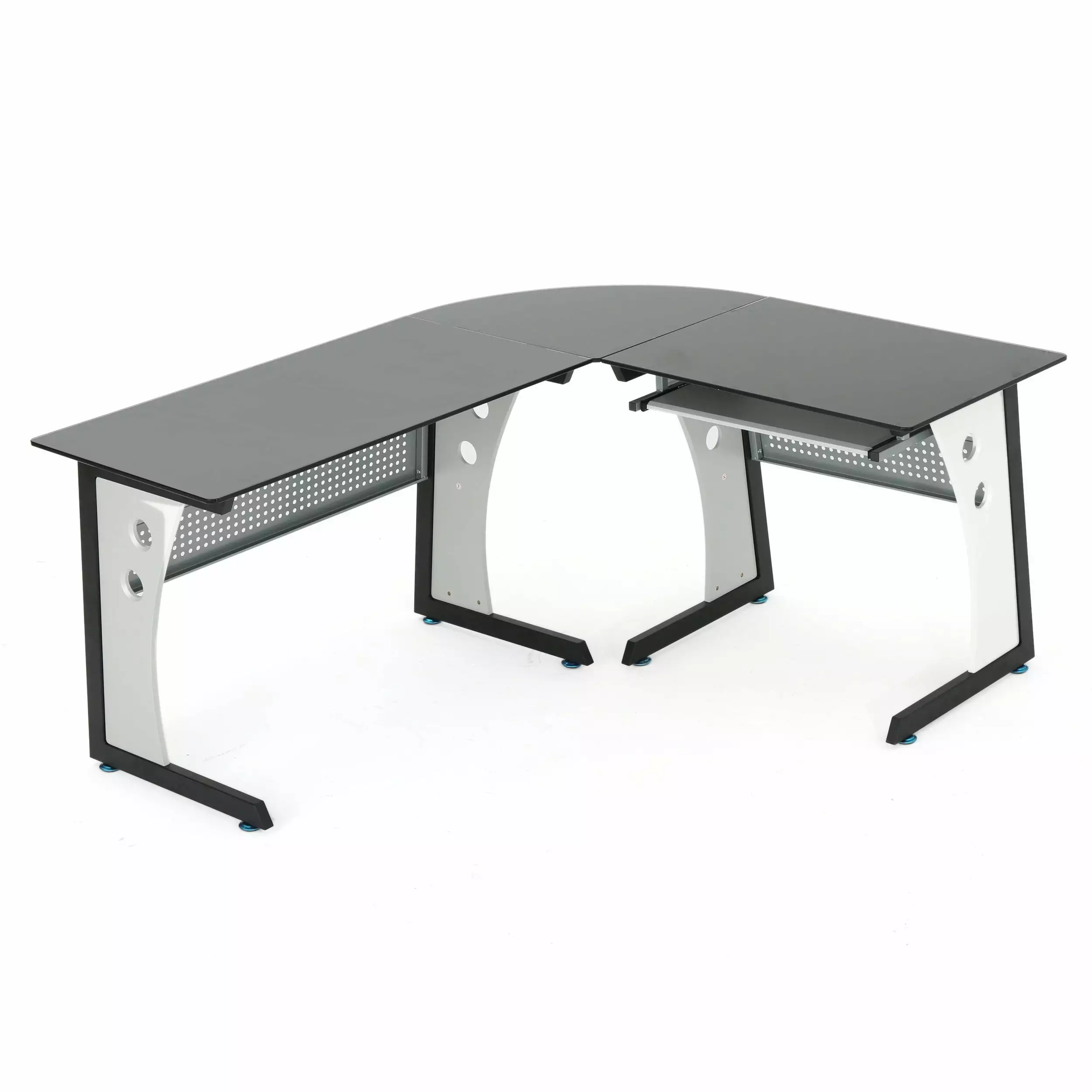 Noble House Ebba L Shaped Office Desk Tempered Glass Top Black Grey