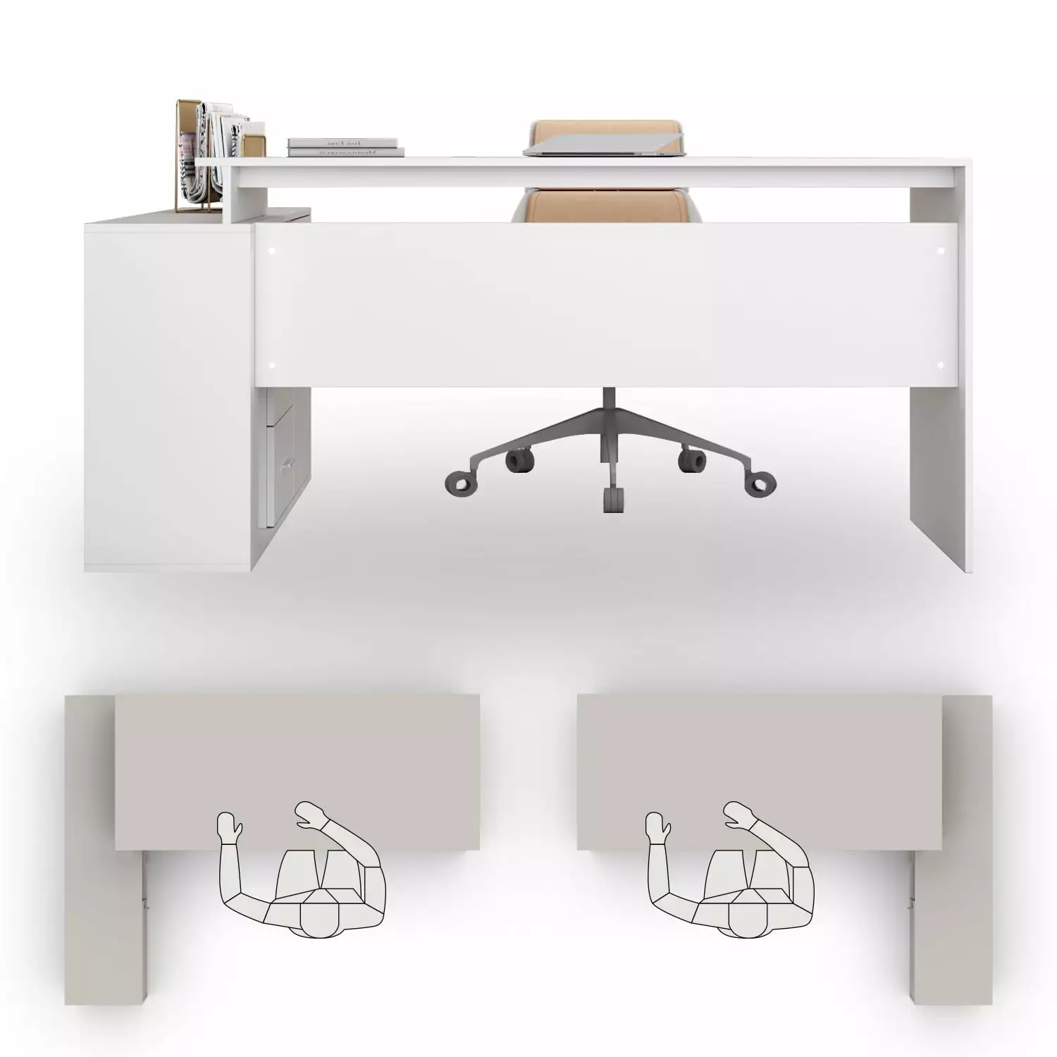 OXYLIFE 55 Inch White L-Shaped Office Desk Drawers, Shelves, and File Cabinet