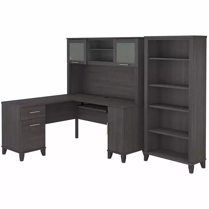 Pemberly Row 60W L Desk Hutch and Bookcase Storm Gray - Engineered Wood Office Desk