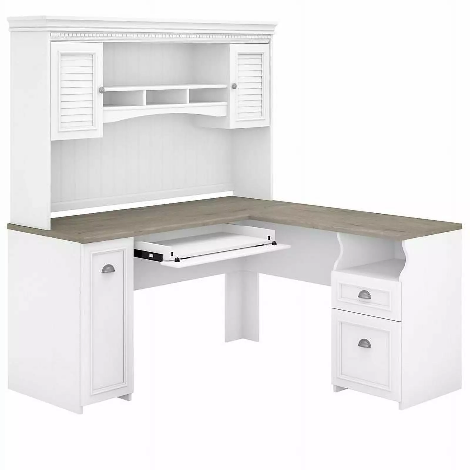 Pemberly Row 60W L Desk Hutch Shiplap Gray and White Engineered Wood Modern Desk
