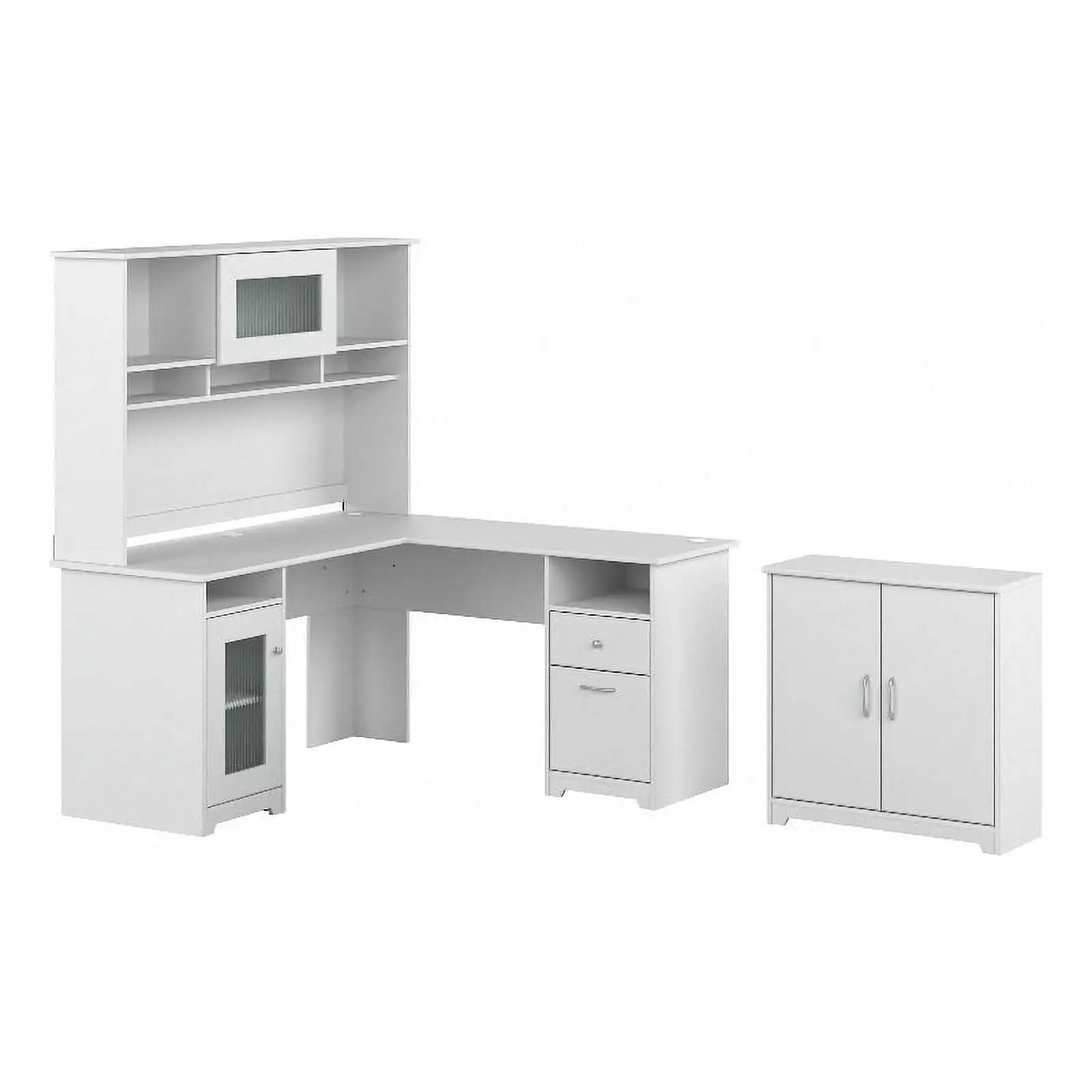Pemberly Row 60W L Desk Hutch and Small Cabinet White Engineered Wood