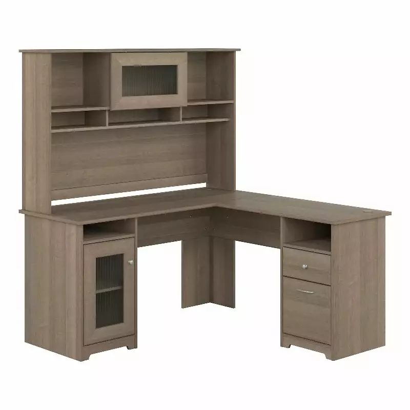 Pemberly Row 60W L Shaped Computer Desk Hutch Ash Gray Engineered Wood Workstation