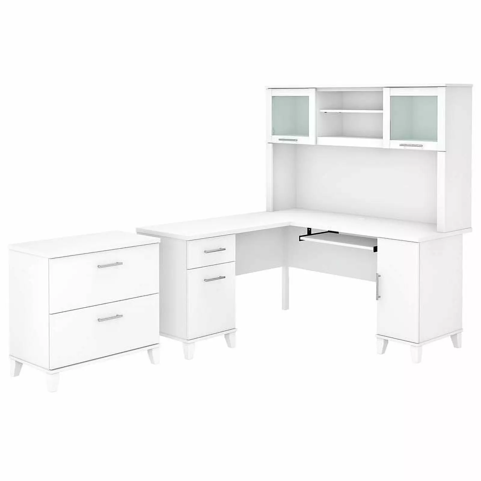 Pemberly Row 60W L Shaped Desk Hutch and File Cabinet White Engineered Wood