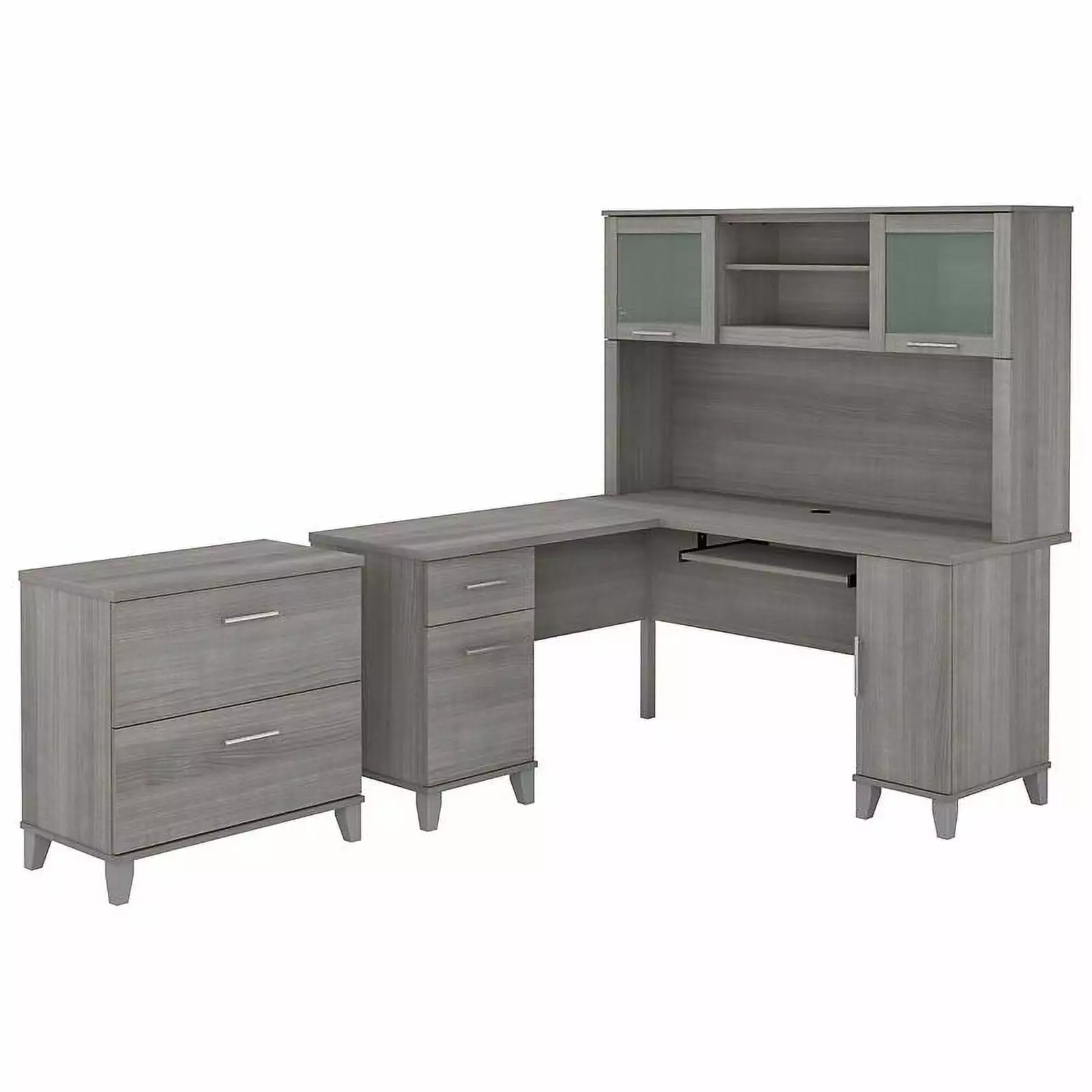 Pemberly Row 60W L Shaped Desk Hutch and File Cabinet Gray Engineered Wood