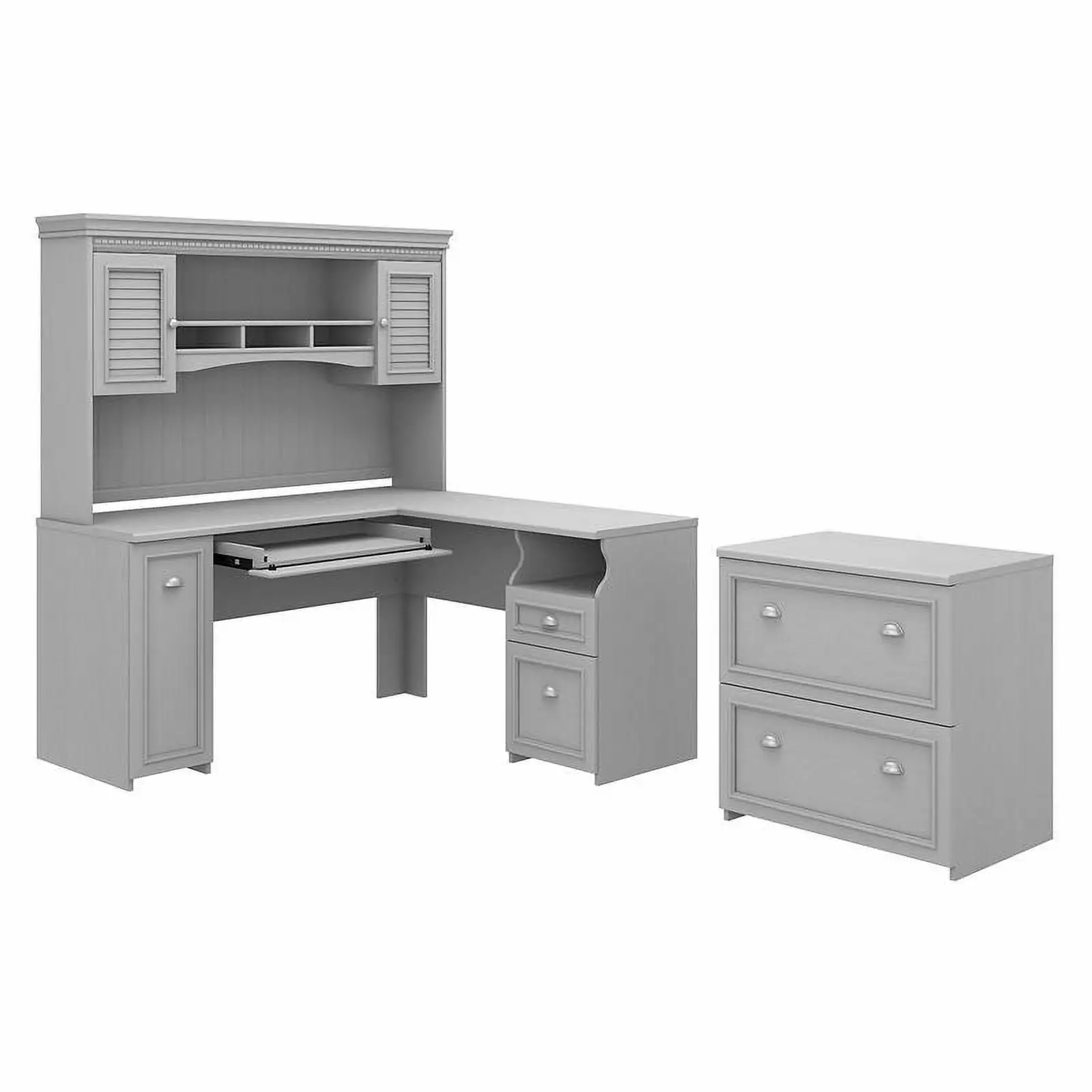 Pemberly Row L Desk Hutch and File Cabinet Cape Cod Gray - Home Office Furniture