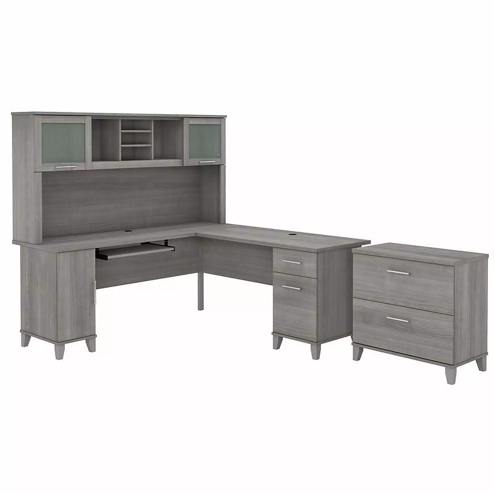 Pemberly Row Engineered Wood 72W L Shaped Desk Hutch and File Cabinet Gray