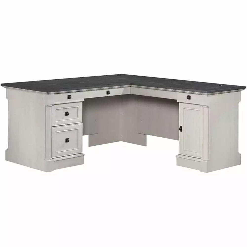 Pemberly Row Engineered Wood L-Shaped Desk Glacier Oak Rosso Slate Accents