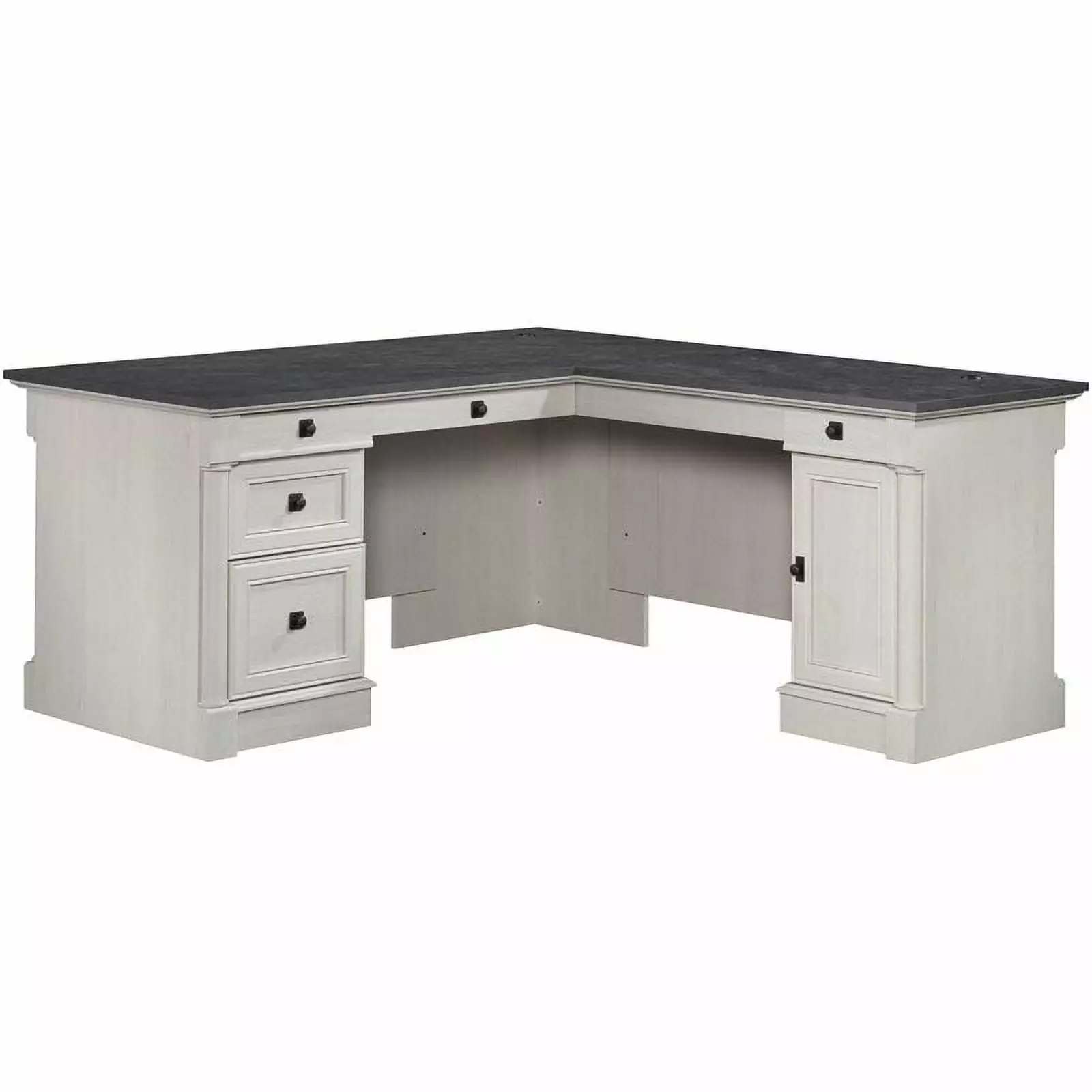 Pemberly Row Engineered Wood L-Shaped Desk Glacier Oak Rosso Slate Accents