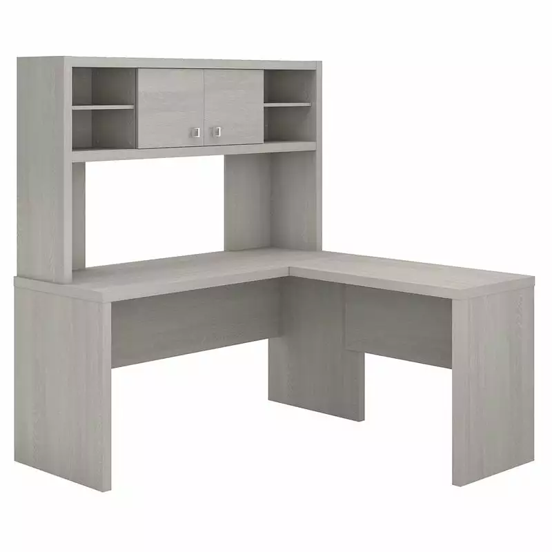 Pemberly Row Gray Sand L Shaped Desk Hutch Engineered Wood