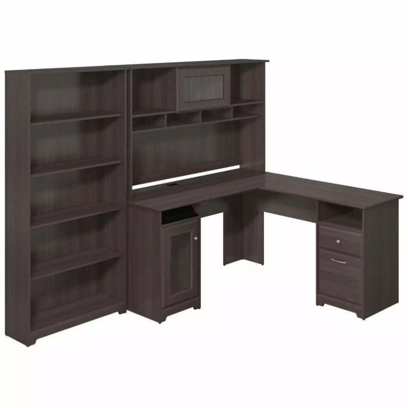 Pemberly Row 60 L-Shape Desk Hutch and 5 Shelf Bookcase Heather Gray