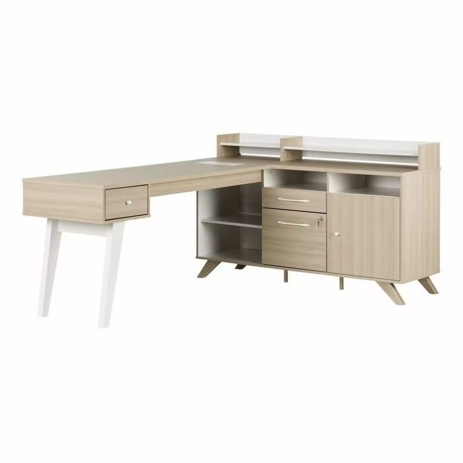 Pemberly Row L-Shaped Desk Power Bar Soft Elm White Finish