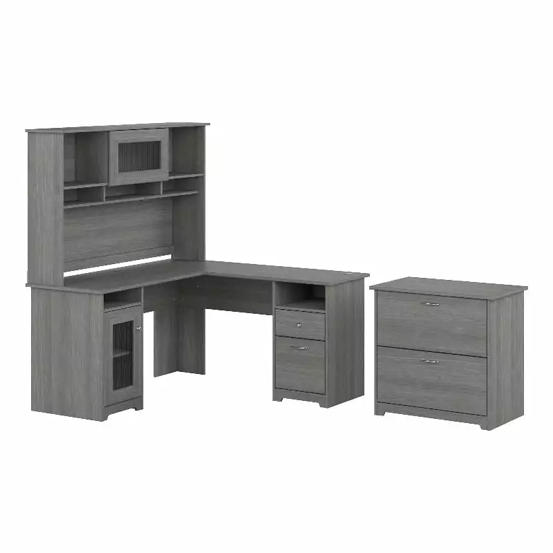 Pemberly Row Modern Gray L Desk Hutch and File Cabinet - Engineered Wood