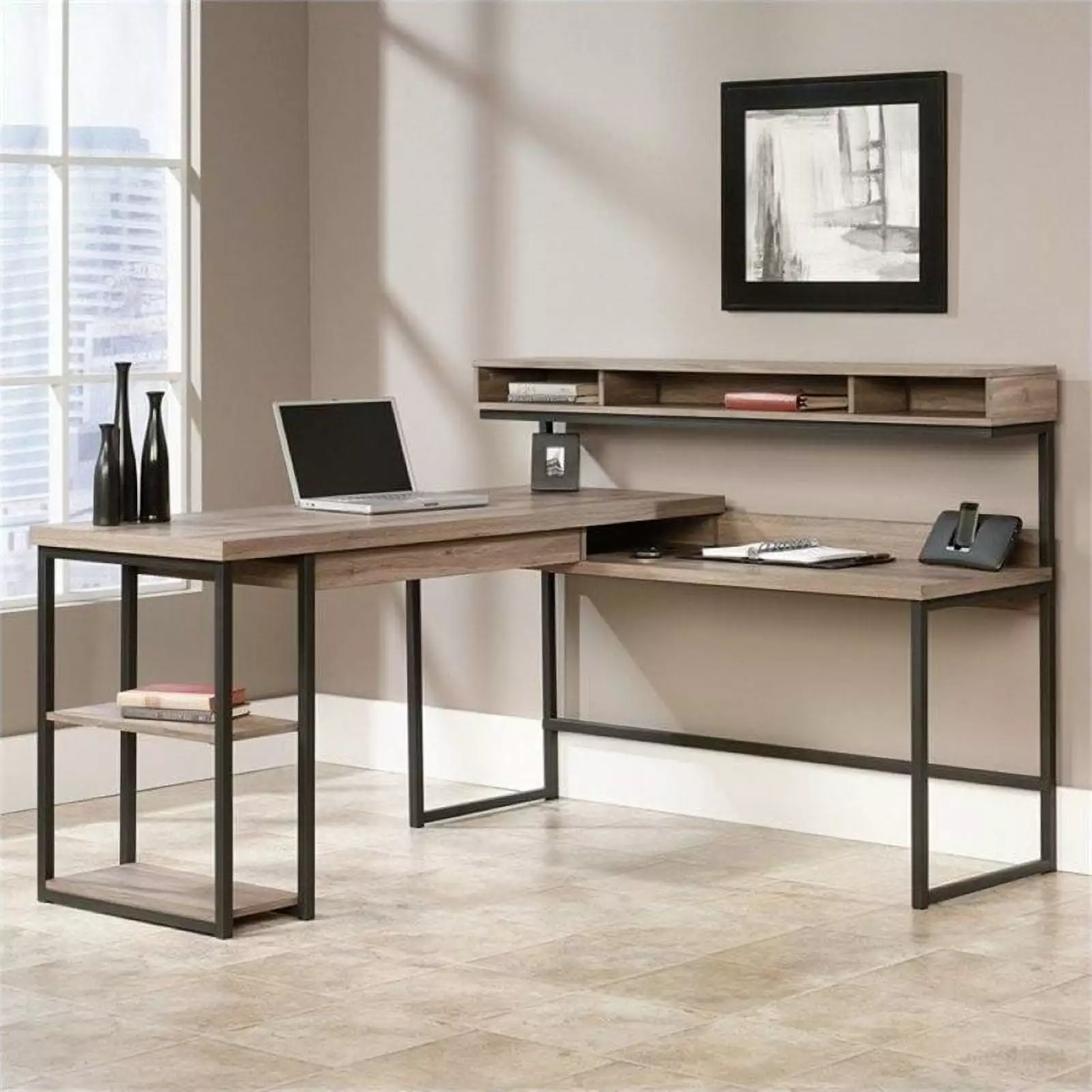 Pemberly Row Salt Oak L Shaped Computer Desk - Modern Home Office Furniture