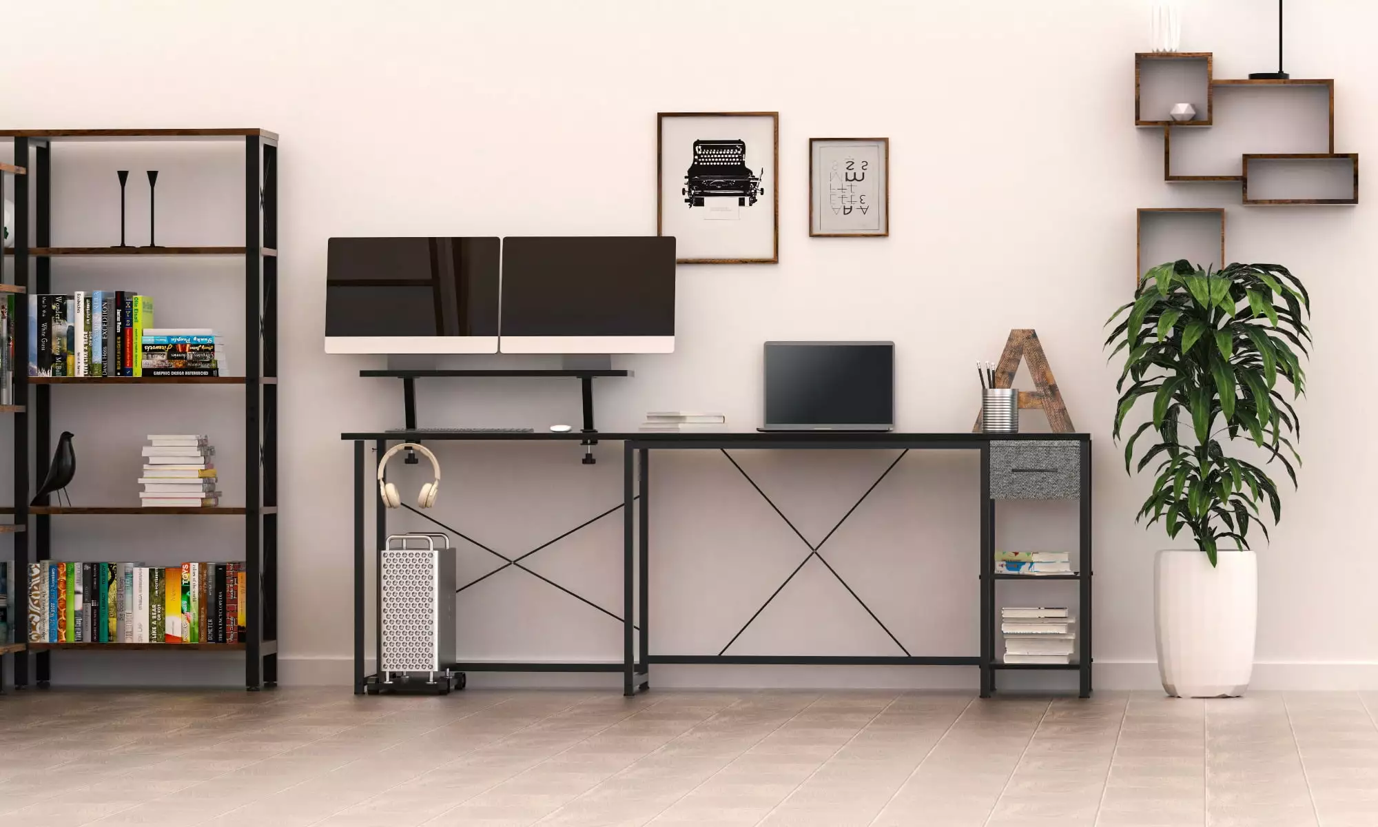L Shaped Computer Desk Power Outlets LED Lights Reversible Corner Desk File Cabinet Storage Shelves Black Home Office Desk...