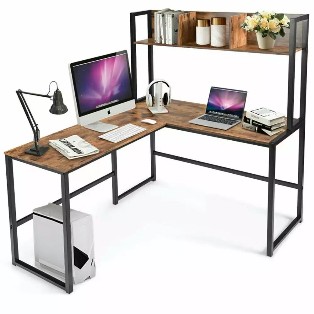 Resenkos L-Shaped Corner Desk Storage Bookshelf Brown Home Office Computer Desk