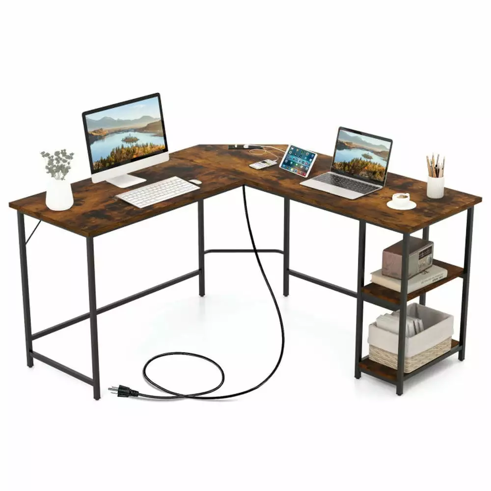 Resenkos L Shaped Computer Desk 2 Outlets and 2 USB Ports Brown