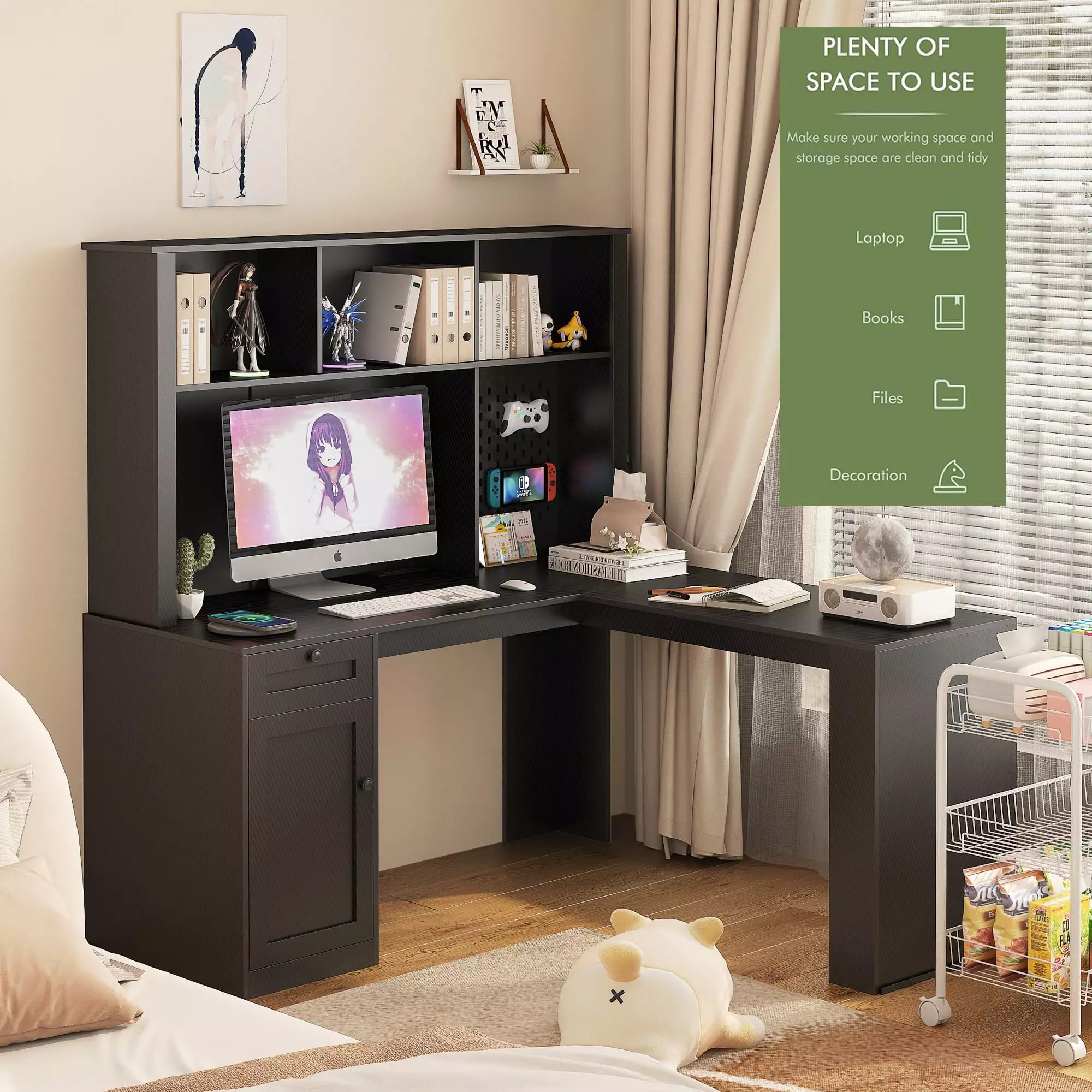 RIGO L Shaped Desk Charger Drawers Bookshelf Hutch Modern Corner Home Office Desk